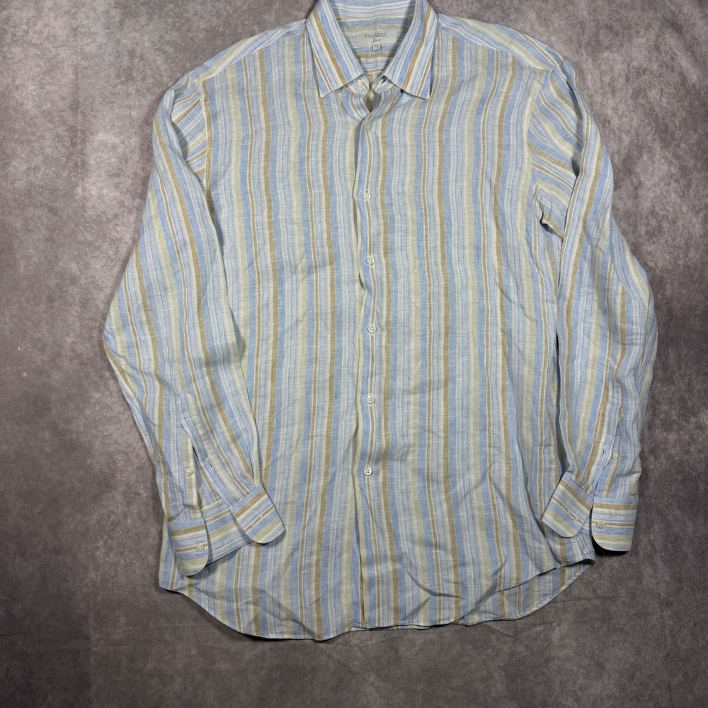 Figaret Sport Men L Striped 100% Linen Long Sleeve Button Up Shirt Blue Designer